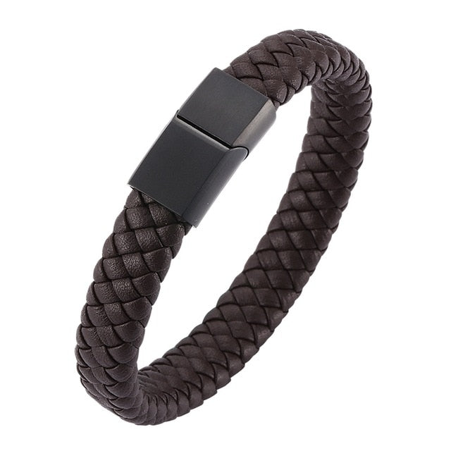 Punk Men Jewelry Braided Leather Bracelet Men Handmade Bracelet Trendy S.Steel Magnetic Clasp Male Leather Wristband Gifts PW740