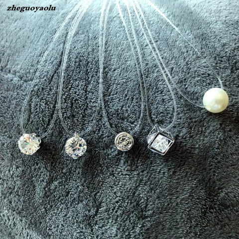 New Personality Fashion Square Imitation Pearl Crystal Zircon Zircon Necklace Invisible Transparent Fishing Line Necklace Women