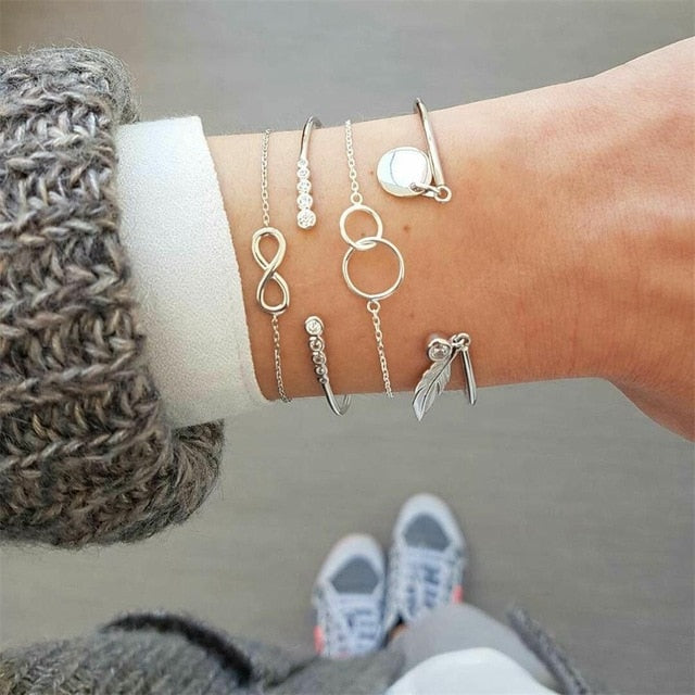 21 Styles Classic Arrow Knot Round Crystal Gem Multilayer Adjustable Open Bracelet Set Women Fashion Party Jewelry Gift