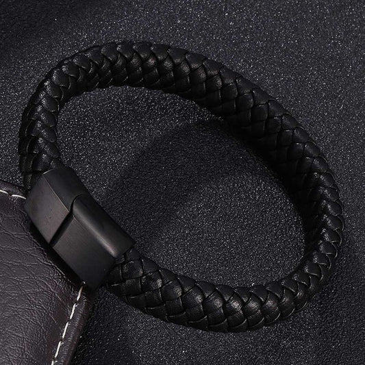 Punk Men Jewelry Braided Leather Bracelet Men Handmade Bracelet Trendy S.Steel Magnetic Clasp Male Leather Wristband Gifts PW740
