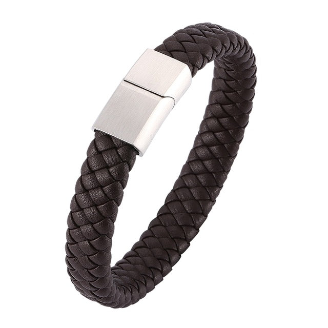 Punk Men Jewelry Braided Leather Bracelet Men Handmade Bracelet Trendy S.Steel Magnetic Clasp Male Leather Wristband Gifts PW740