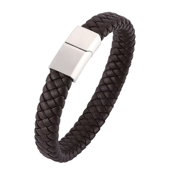 Punk Men Jewelry Braided Leather Bracelet Men Handmade Bracelet Trendy S.Steel Magnetic Clasp Male Leather Wristband Gifts PW740