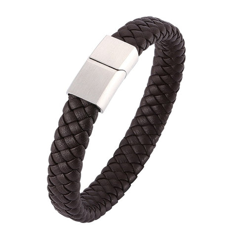 Punk Men Jewelry Braided Leather Bracelet Men Handmade Bracelet Trendy S.Steel Magnetic Clasp Male Leather Wristband Gifts PW740