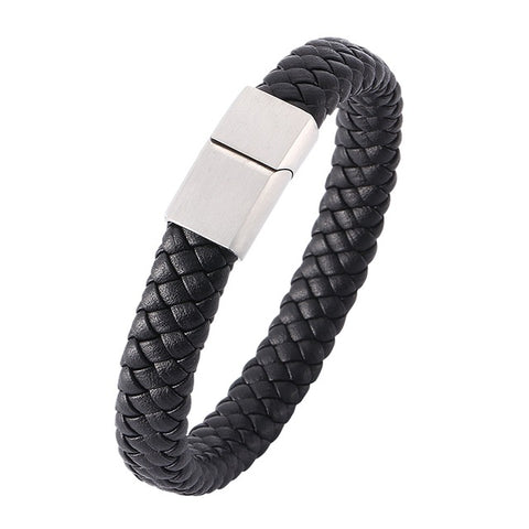 Punk Men Jewelry Braided Leather Bracelet Men Handmade Bracelet Trendy S.Steel Magnetic Clasp Male Leather Wristband Gifts PW740