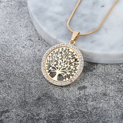 Hot Tree of Life Crystal Round Small Pendant Necklace Gold Silver Colors Bijoux Collier Elegant Women Jewelry Gifts Dropshipping