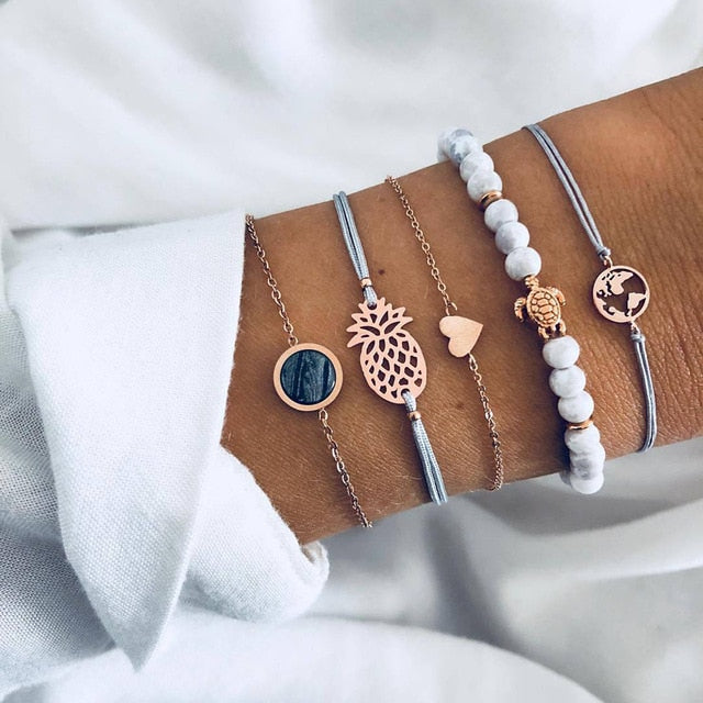 FAMSHIN Bohemian Handmade Weave Heart Long Tassel Bracelet Sets Women 2019 New Grey Rope Chain Bracelets Jewelry Christmas Gift